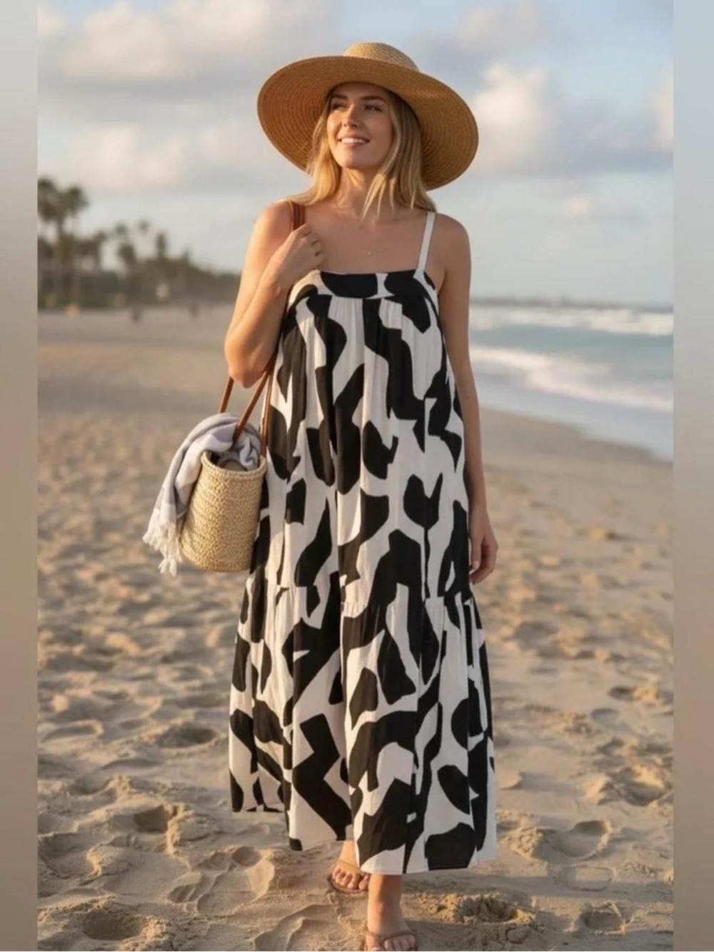 Black & White Abstract Print Spaghetti-Strap Maxi Dress for Women